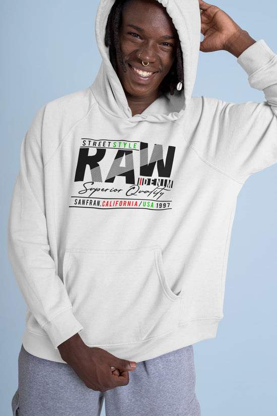 Person wearing a white hoodie with &