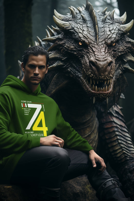 Man in a green hoodie with a dragon in the background