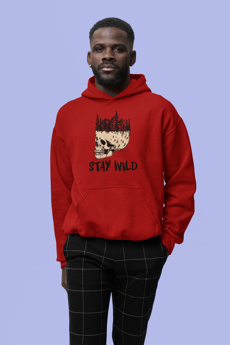 Person wearing a red hoodie with a graphic design and text on a blue background