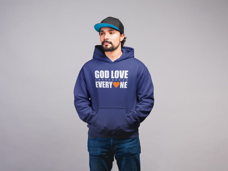 Person wearing a blue hoodie with &