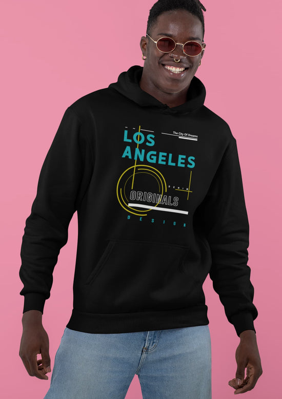 Person wearing a black hoodie with &