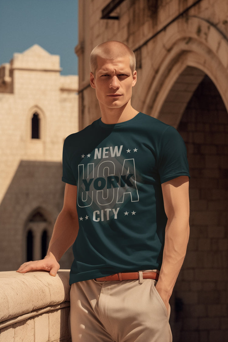 Man wearing a teal t-shirt with &