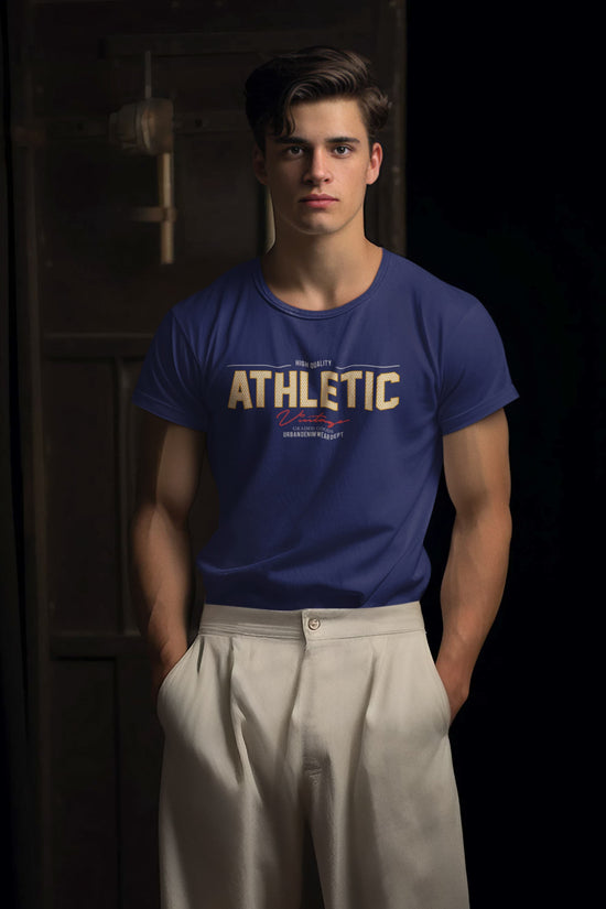 Man wearing a blue t-shirt with &