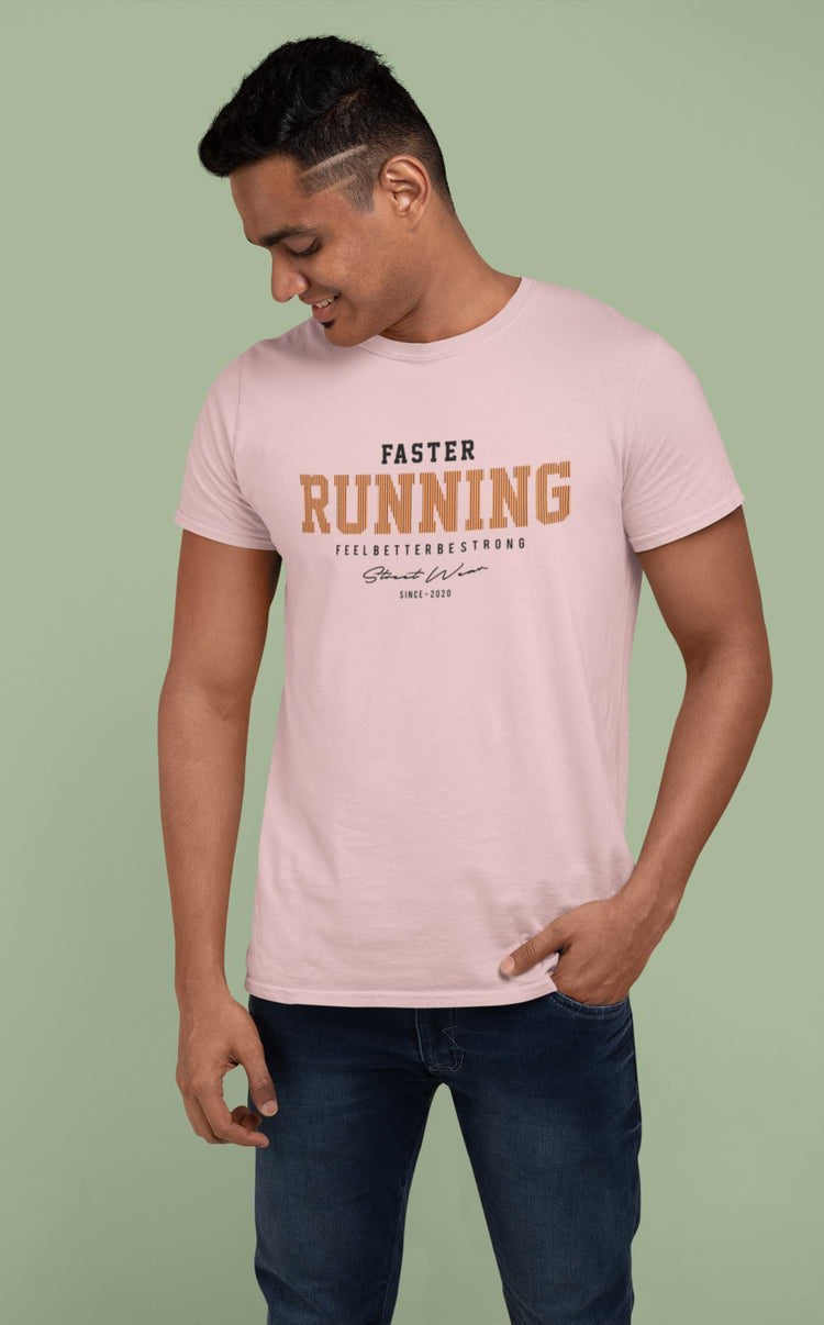 Man wearing a pink t-shirt with &