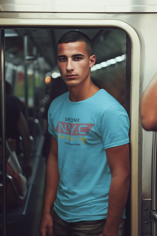 Man wearing a blue t-shirt with &