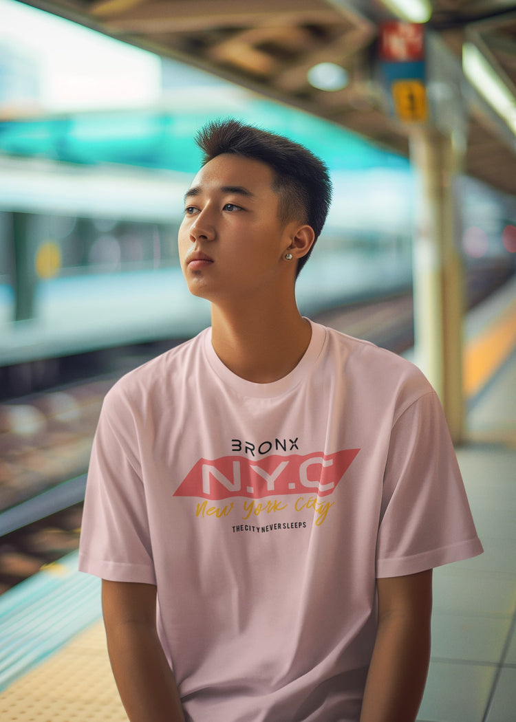 Person wearing a pink t-shirt with &