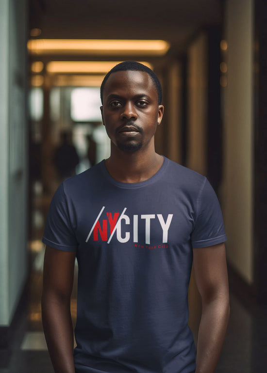 Man wearing a blue t-shirt with &