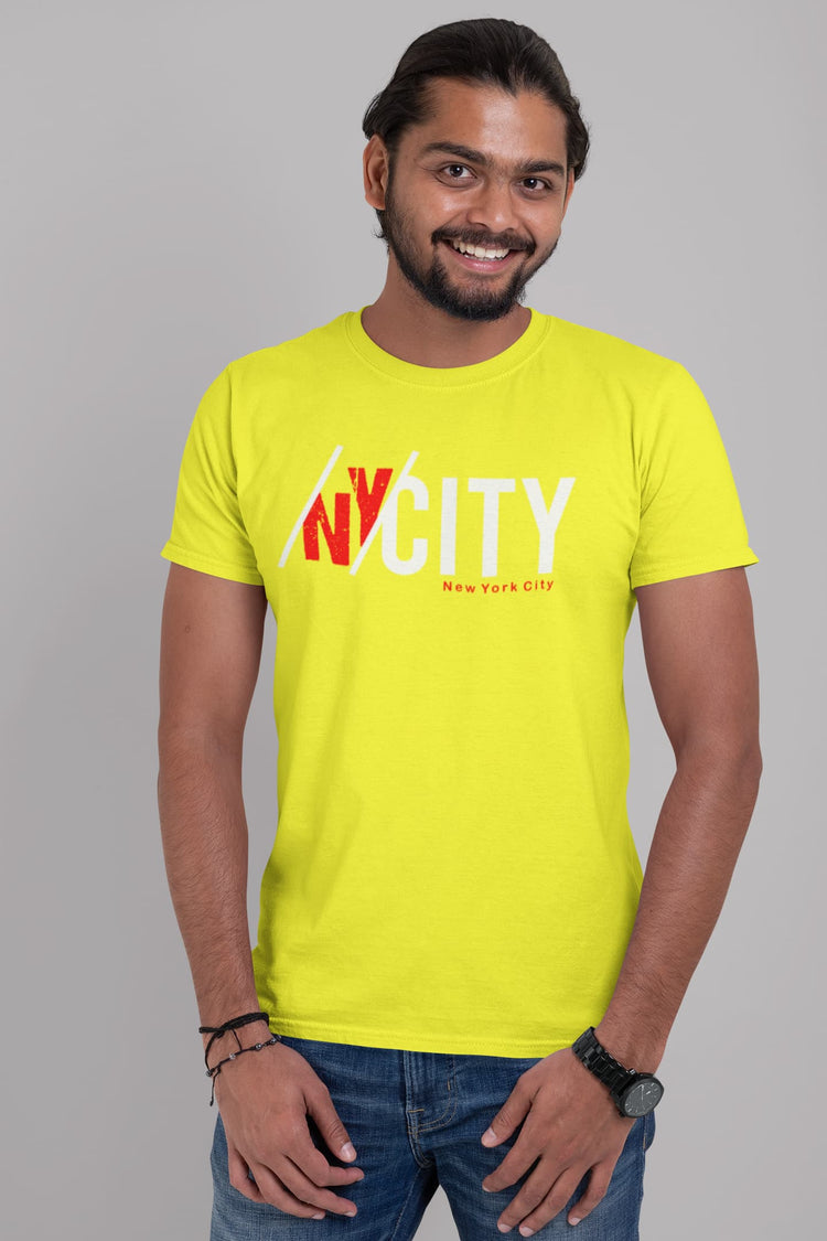 Man wearing a bright yellow t-shirt with &