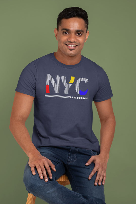 Man wearing a navy blue t-shirt with &
