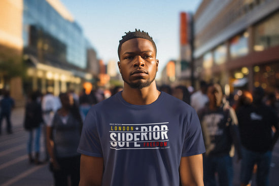 Man wearing a navy blue t-shirt with text on a city street