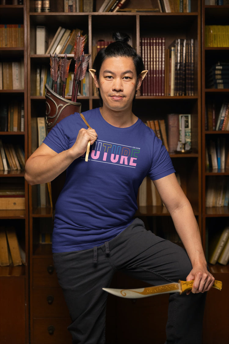 Person wearing a blue t-shirt with &