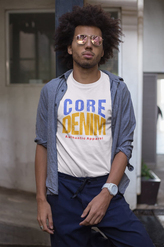 Man wearing a white t-shirt with &