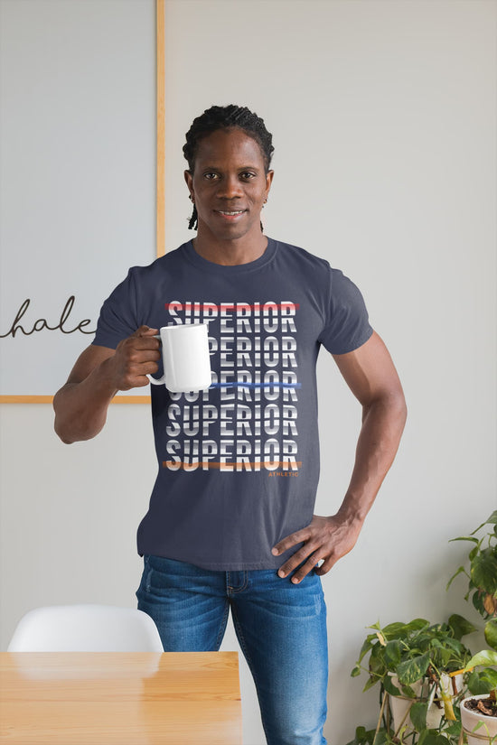 Man wearing a t-shirt with &