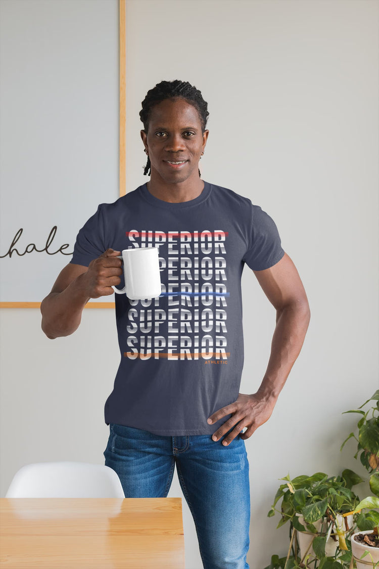 Man wearing a t-shirt with &