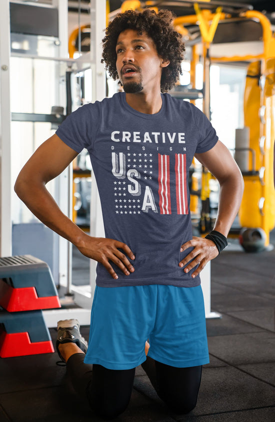 Man wearing a navy t-shirt with &