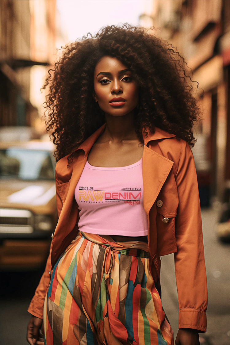 Woman in a colorful outfit standing on a street