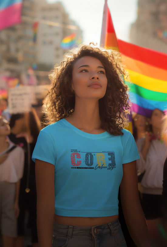 Woman wearing a blue t-shirt with &