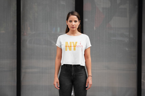 Woman wearing a white t-shirt with &