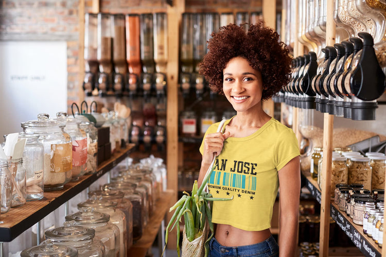 Woman in a store wearing a &