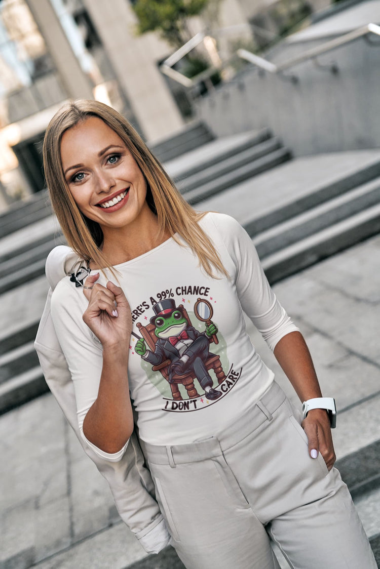 Woman wearing a white t-shirt with a graphic design outdoors