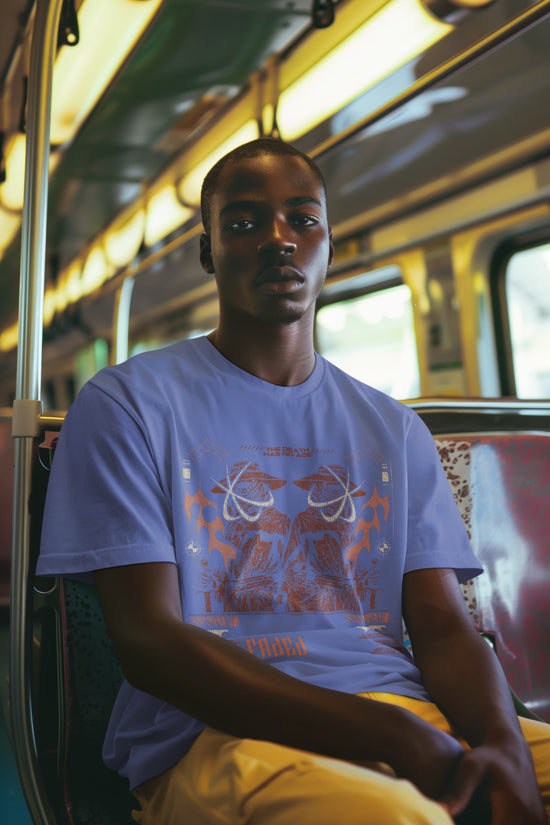 Man sitting inside a vehicle wearing a purple t-shirt with a graphic design.