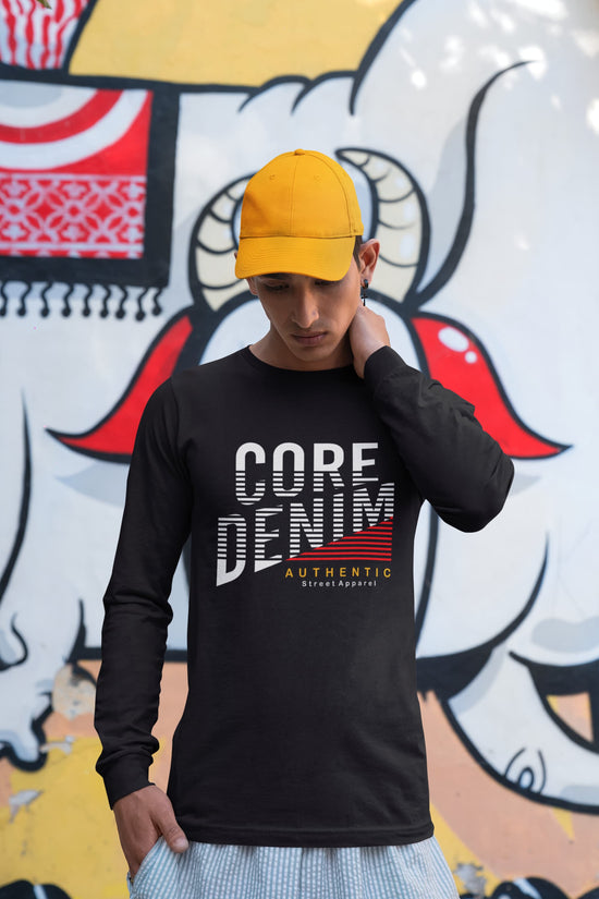 Person wearing a black long-sleeve shirt with &