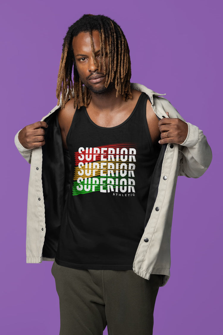 Man wearing a black tank top with &