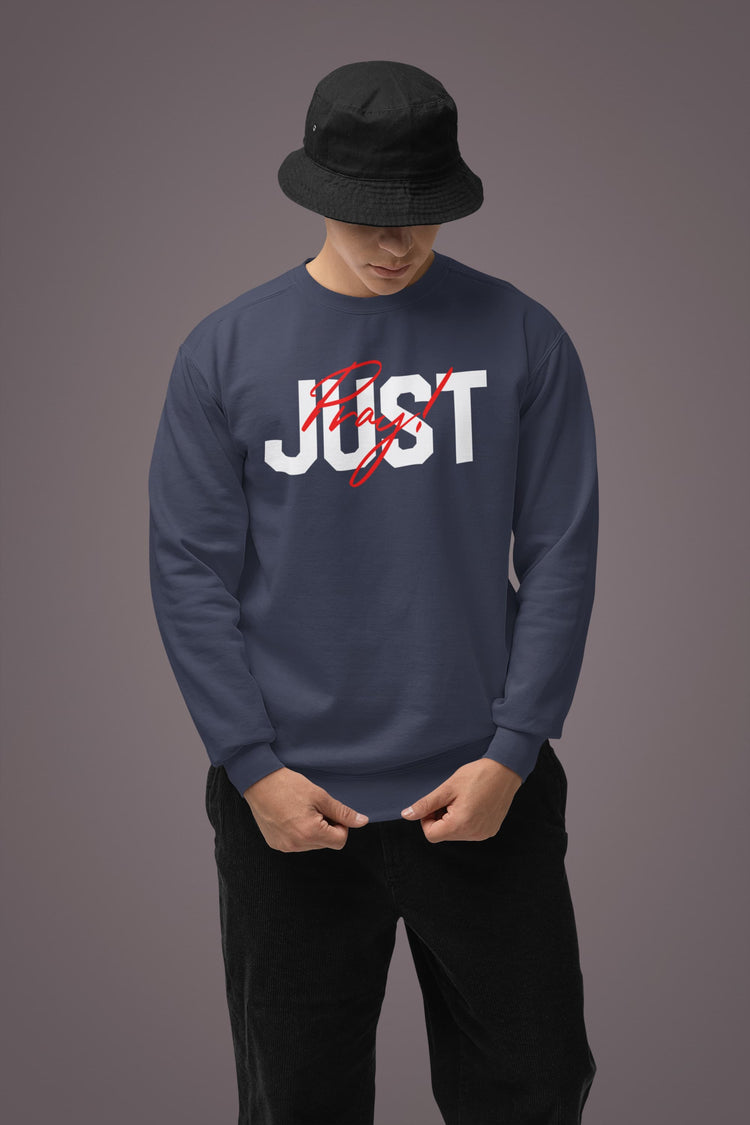 Person wearing a navy blue sweatshirt with &