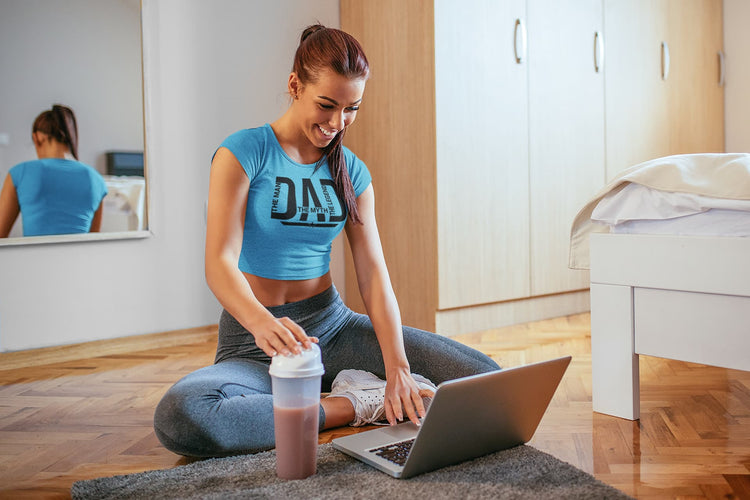 Woman in blue shirt with &