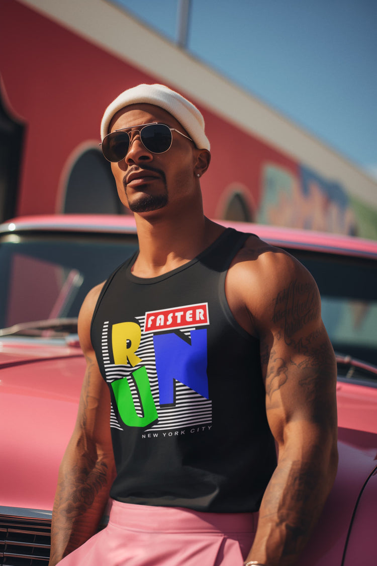 Man wearing a black tank top with colorful graphics and text, sitting on a red car.
