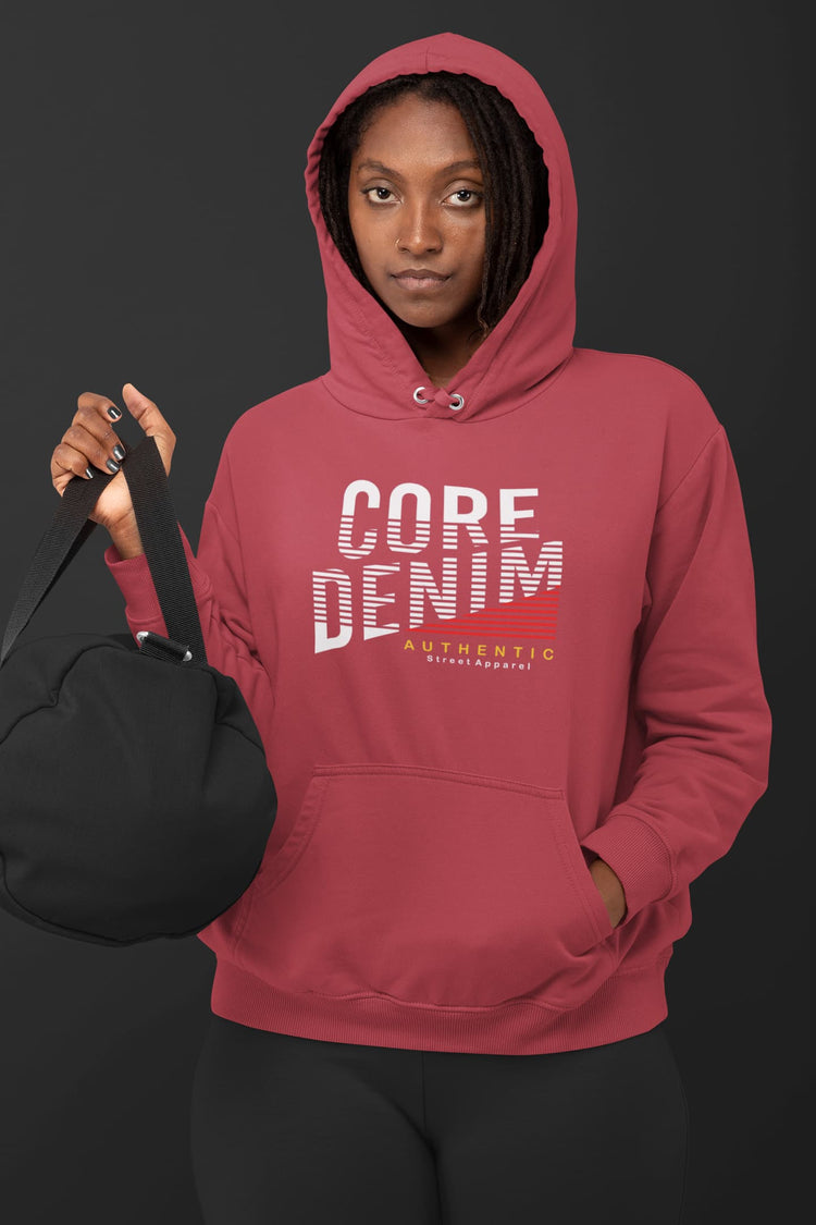 Person wearing a red hoodie with &