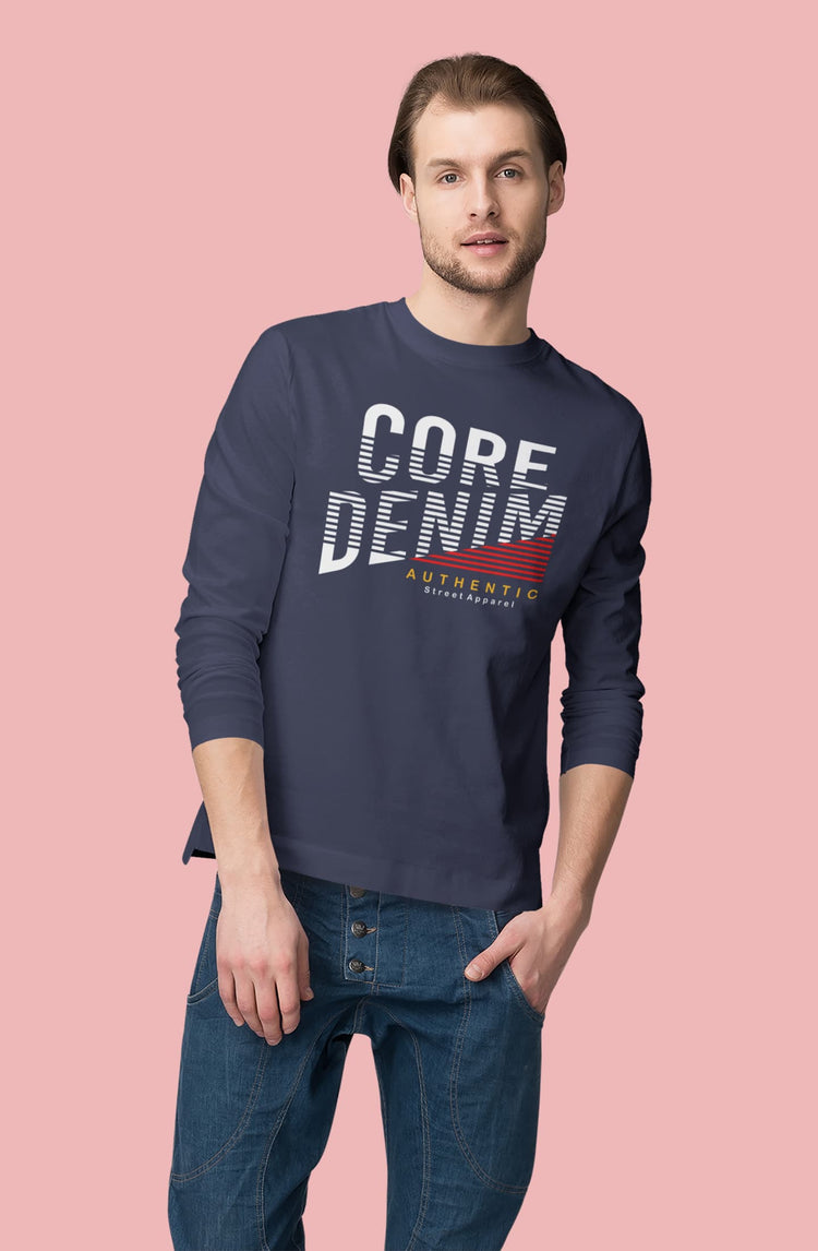 Man wearing a navy blue sweatshirt with &