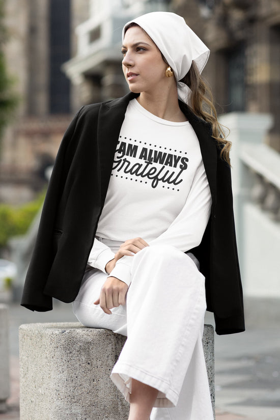 Woman wearing a white t-shirt with &