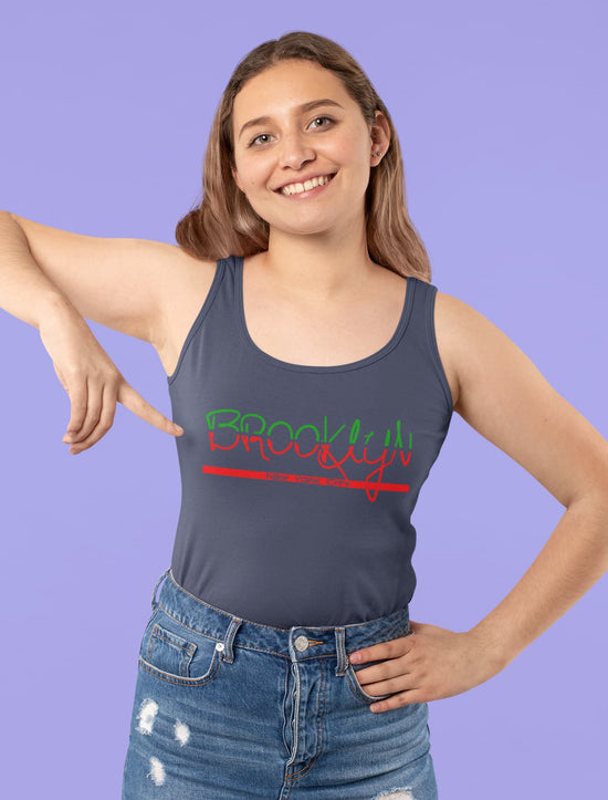 Woman wearing a tank top with &
