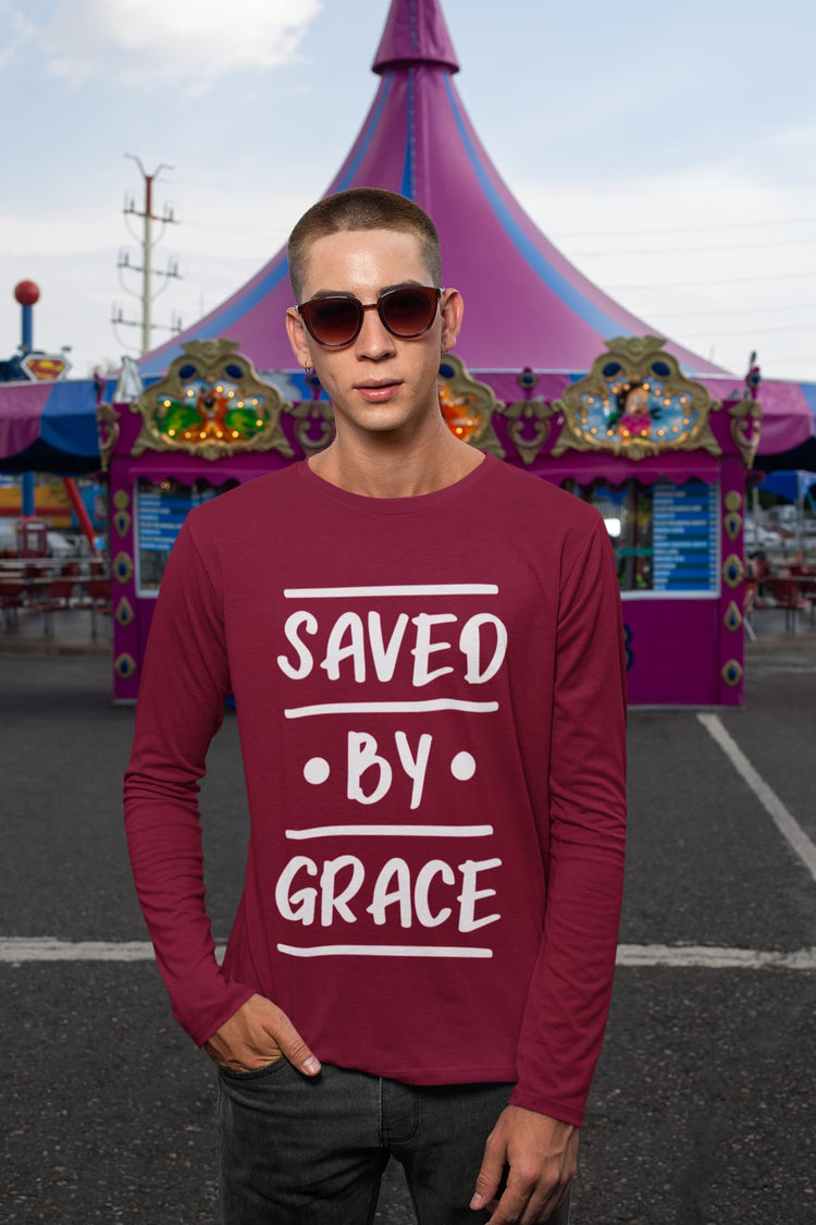 Man wearing a maroon long-sleeve shirt with &