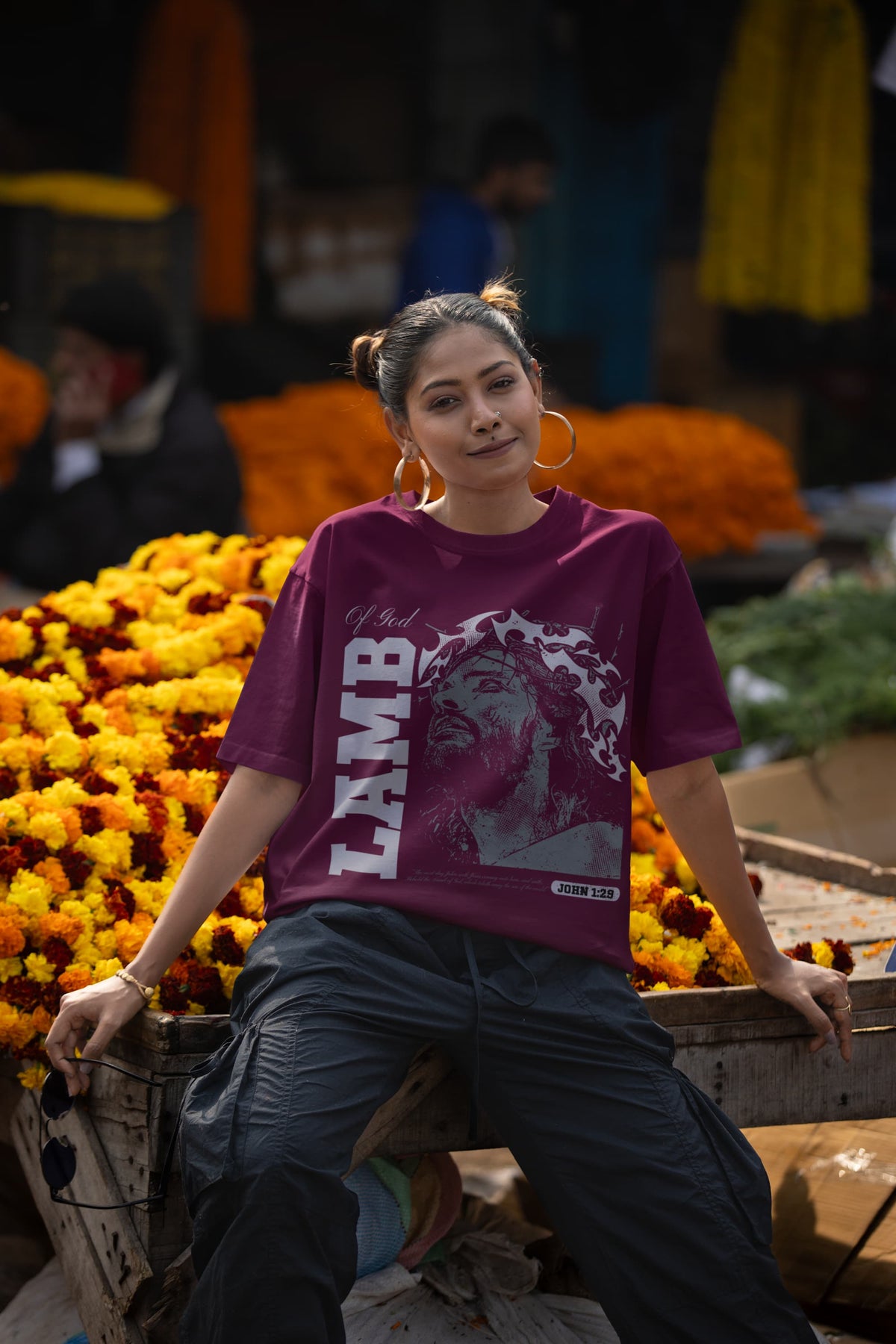Women's Burgundy Oversized Round Neck T-shirts
