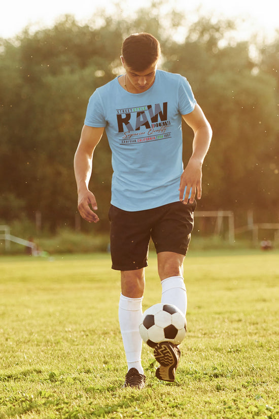 Man in a blue t-shirt with &