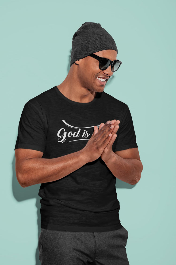 Man wearing a black t-shirt with &