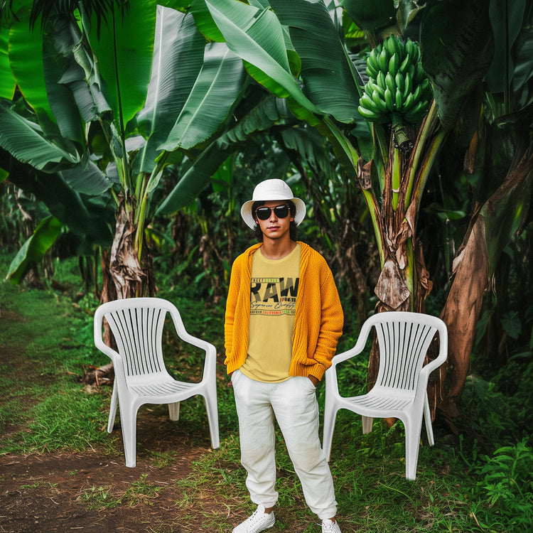 Person standing between two white chairs in a banana plantation