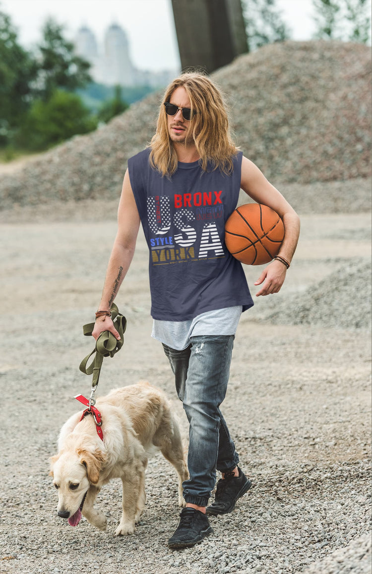 Man walking a dog on a leash while holding a basketball, with a cityscape in the background.