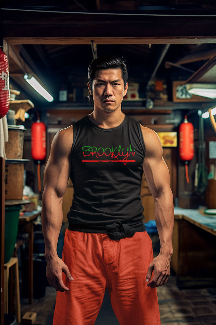 Man wearing a black tank top with &