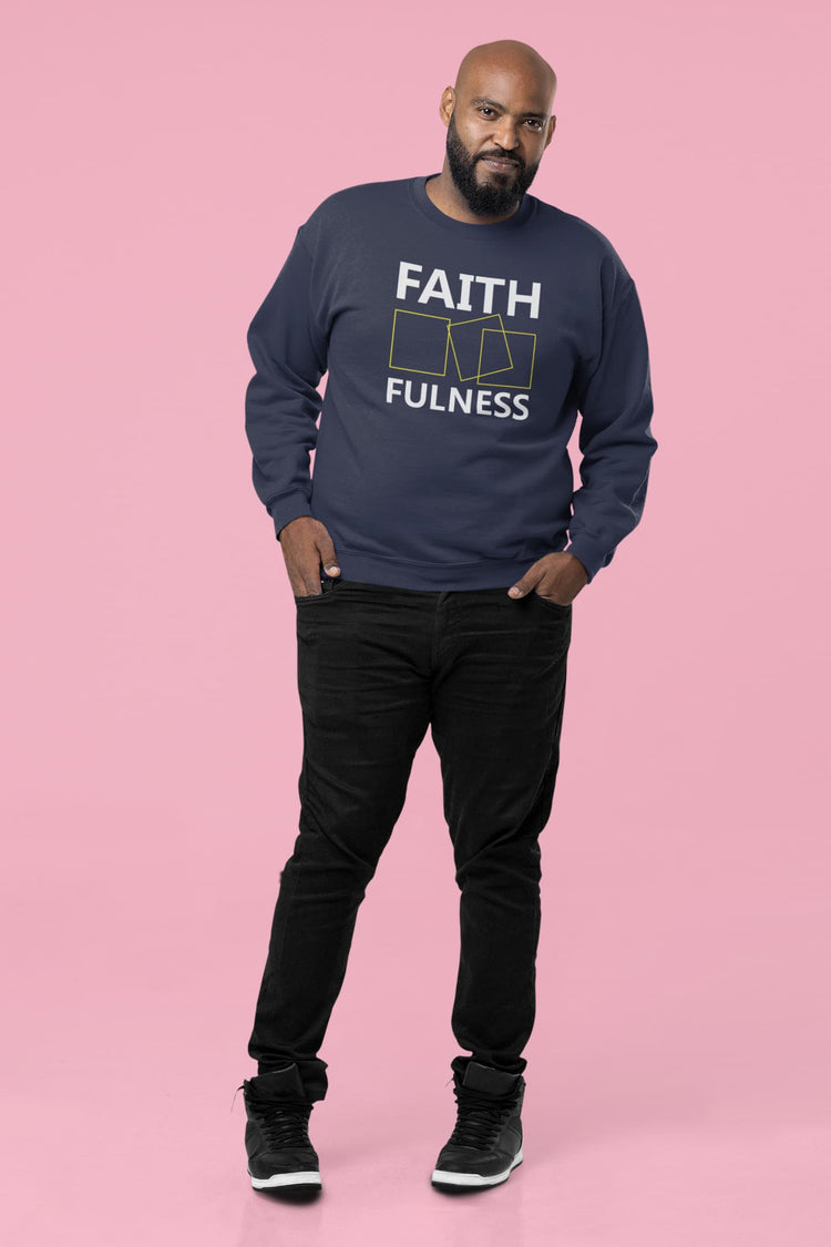 Man wearing a navy sweatshirt with &