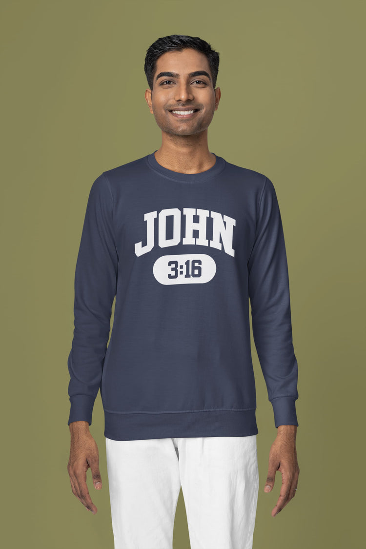 Man wearing a navy blue sweatshirt with &