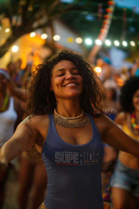 Woman in a blue tank top with &