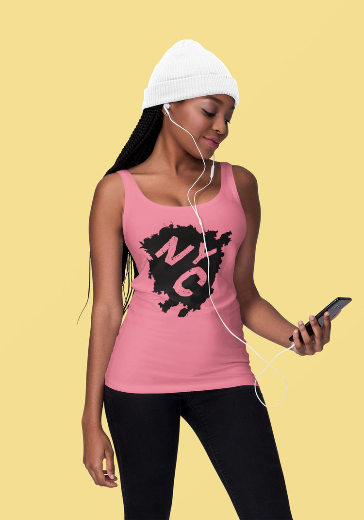 Woman wearing a pink tank top with &