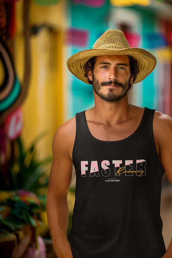 Man wearing a straw hat and black tank top with &