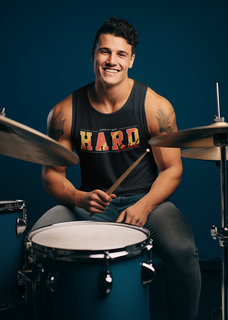 Man playing drums with a dark blue background