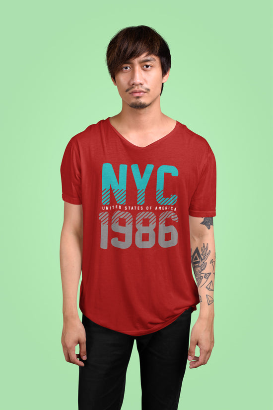 Man wearing a red t-shirt with &