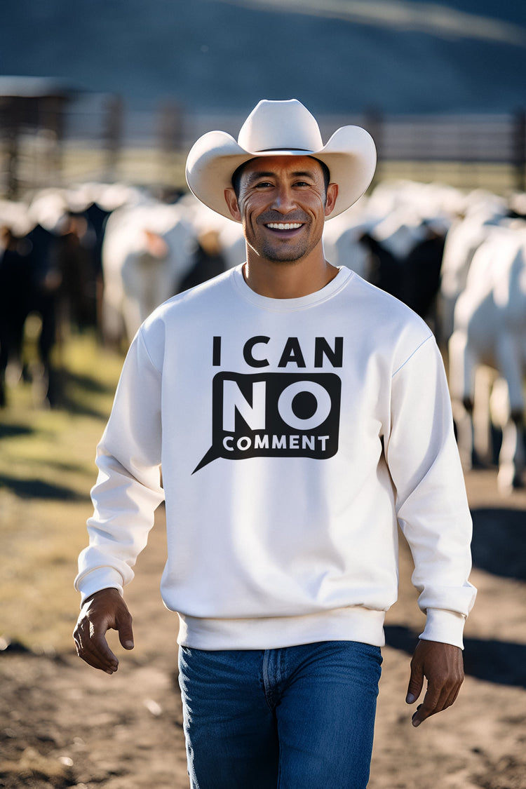 Man wearing a white sweatshirt with &