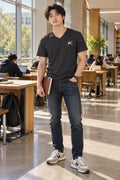 Karavirs® Monogram v-neck tee in black for men India - view 1